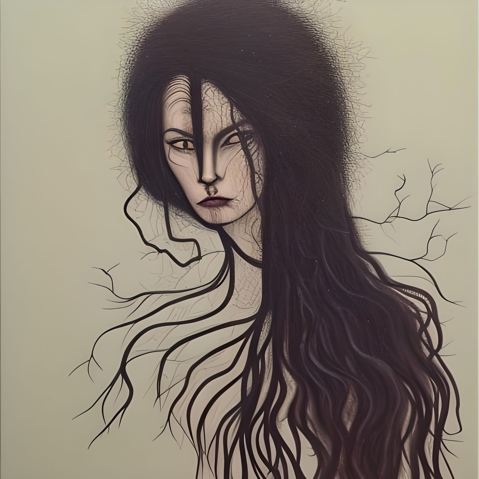 Twilight Woman with Cobweb Hair: Detailed Oil Painting
