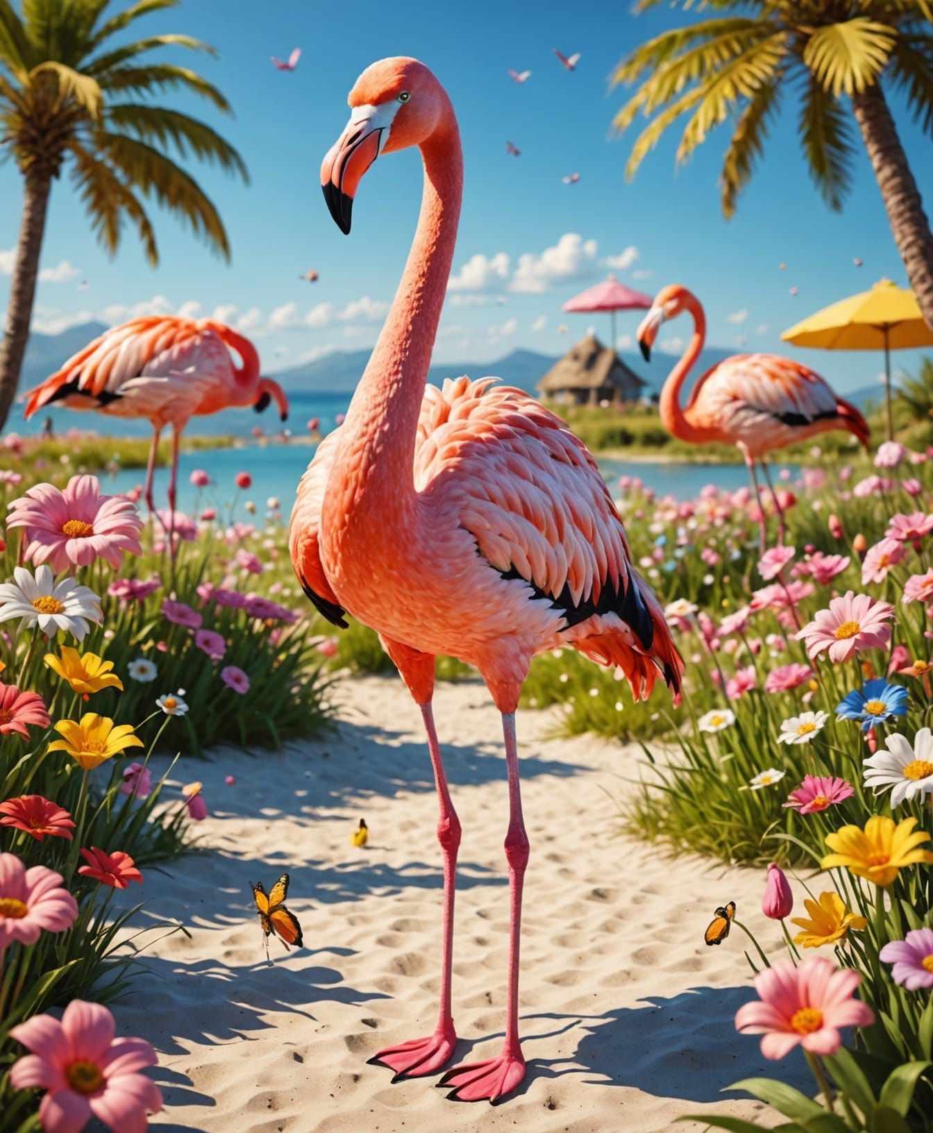 Vibrant Pink Flamingo in Whimsical Beach Holiday Scene