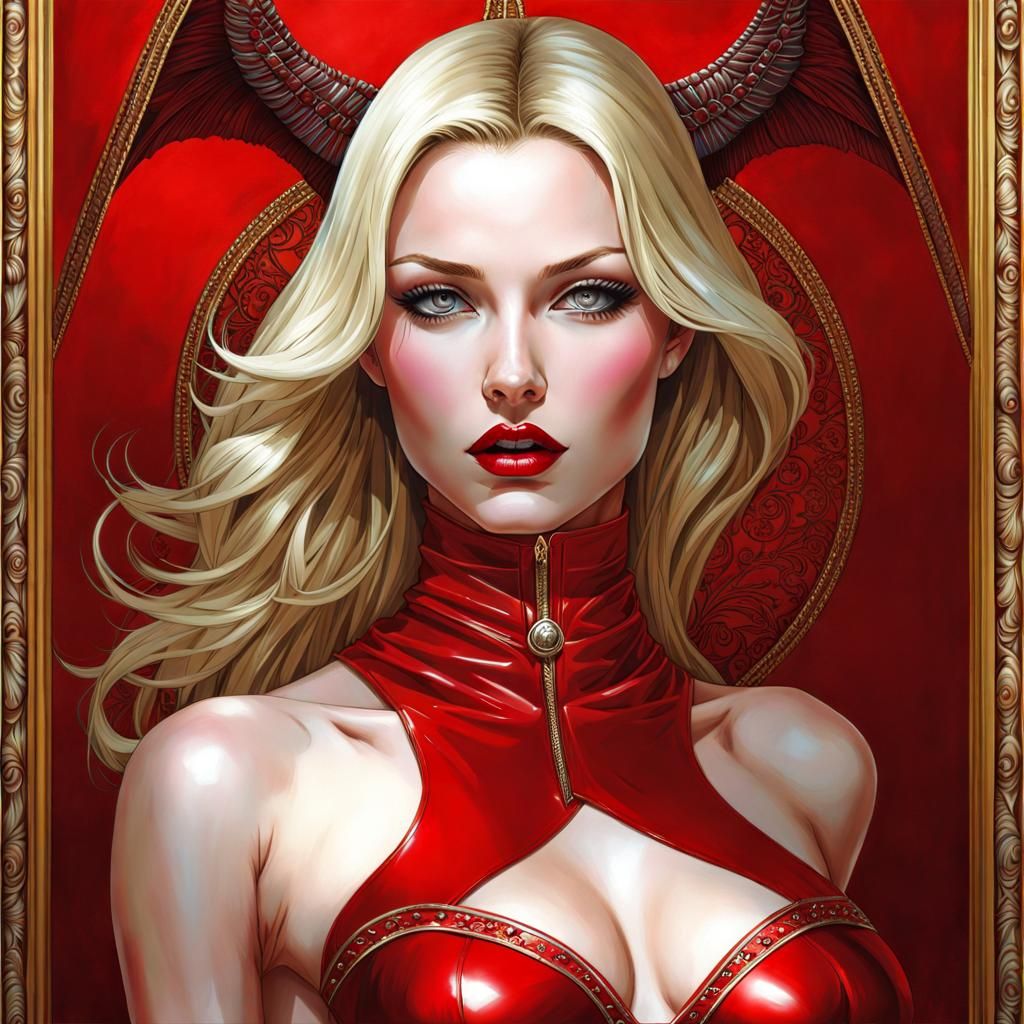 Confident Blonde in Red Latex: Gothic Art Portrait