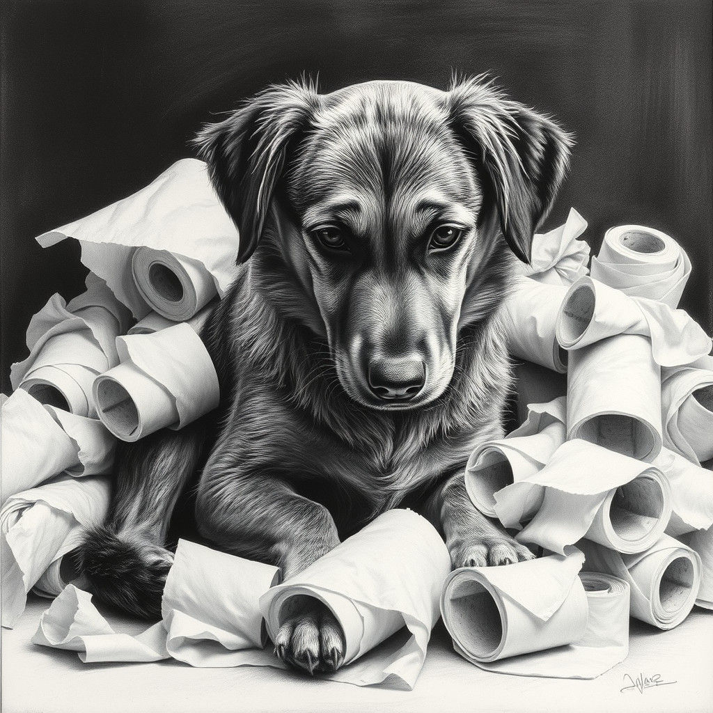 Hyperrealistic Dog Amidst Toilet Paper Chaos
