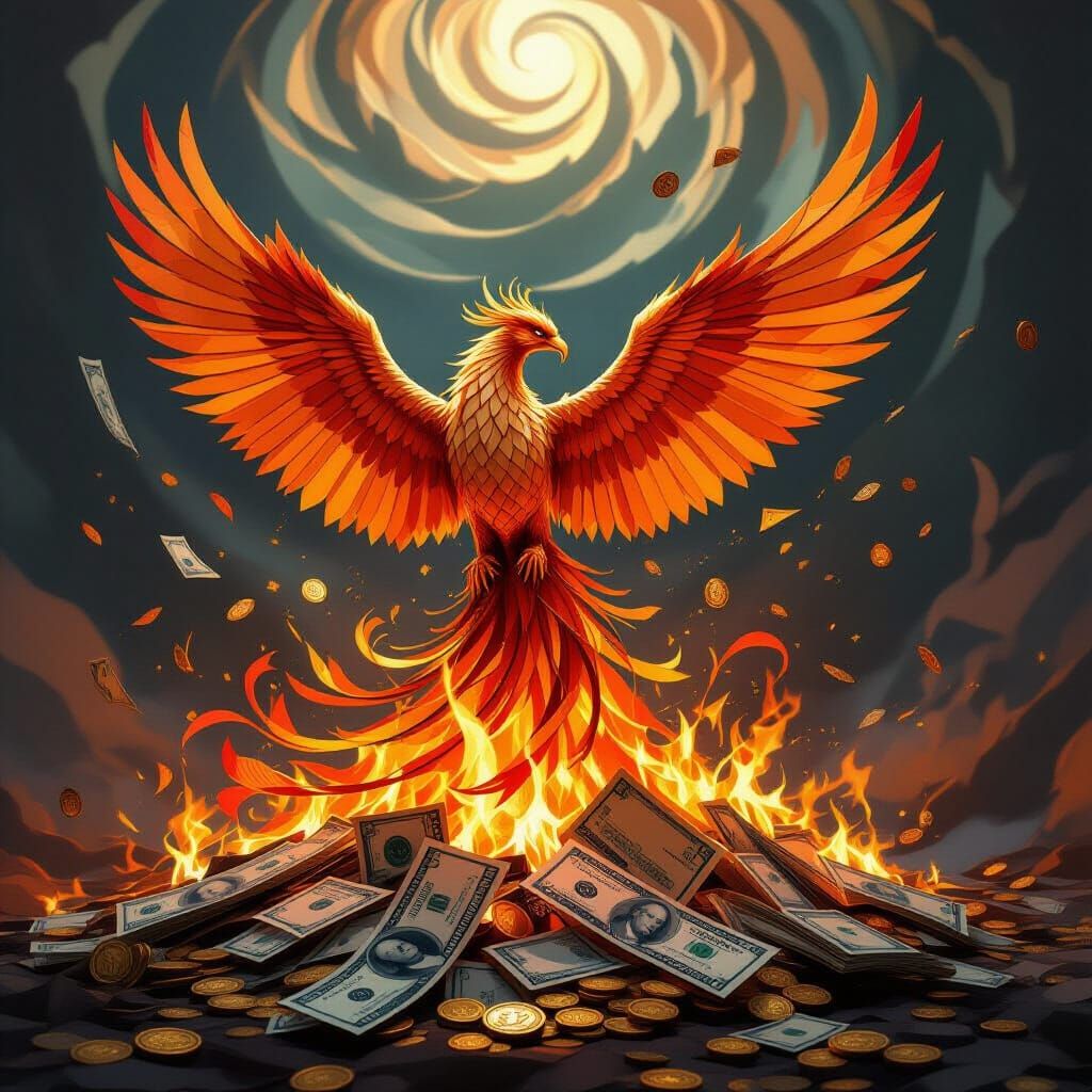 Phoenix Rises from Burning Banknotes in Epic Fantasy Style