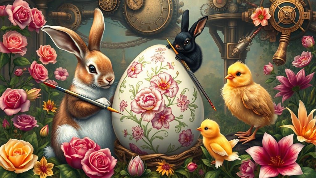 Rabbits and Chicks Painting Easter Eggs, Fairy-Tale Landscap...