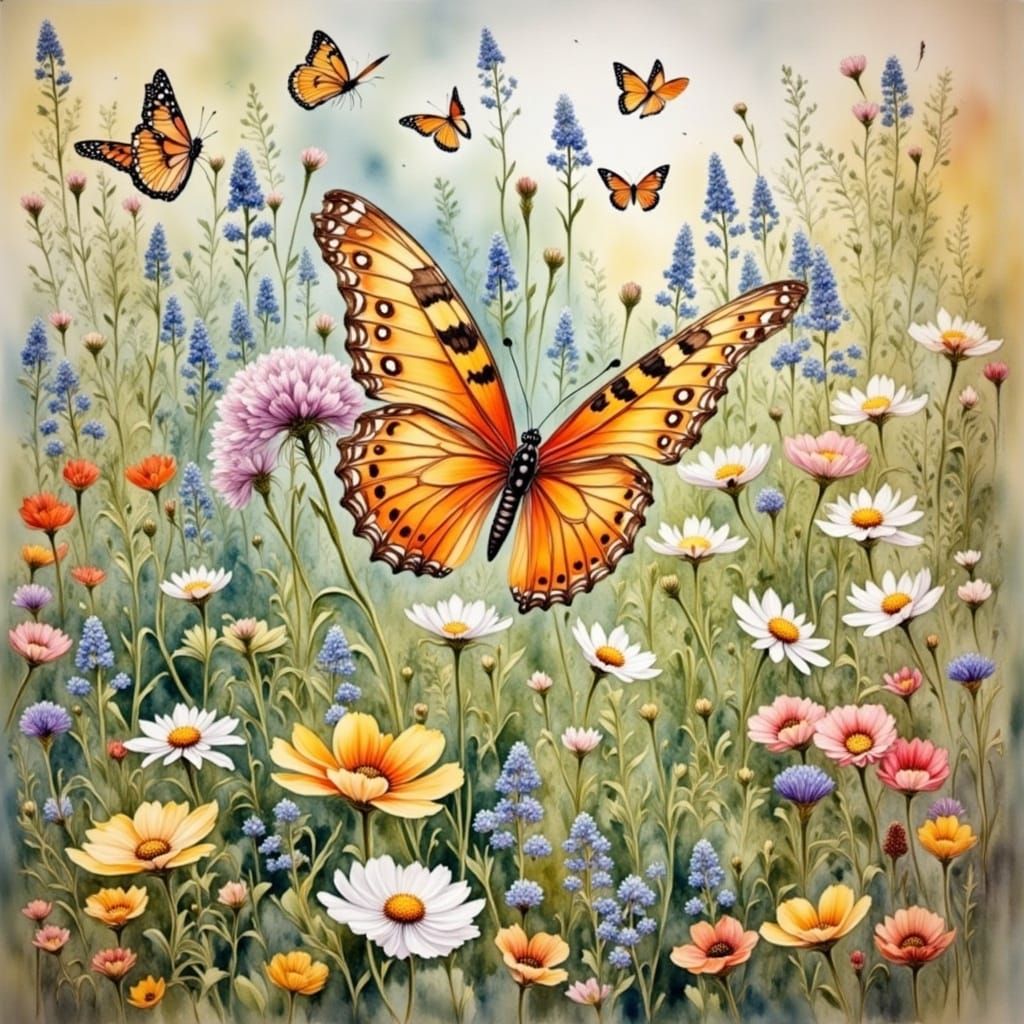 Impressionistic Woman with Flowers and Butterfly