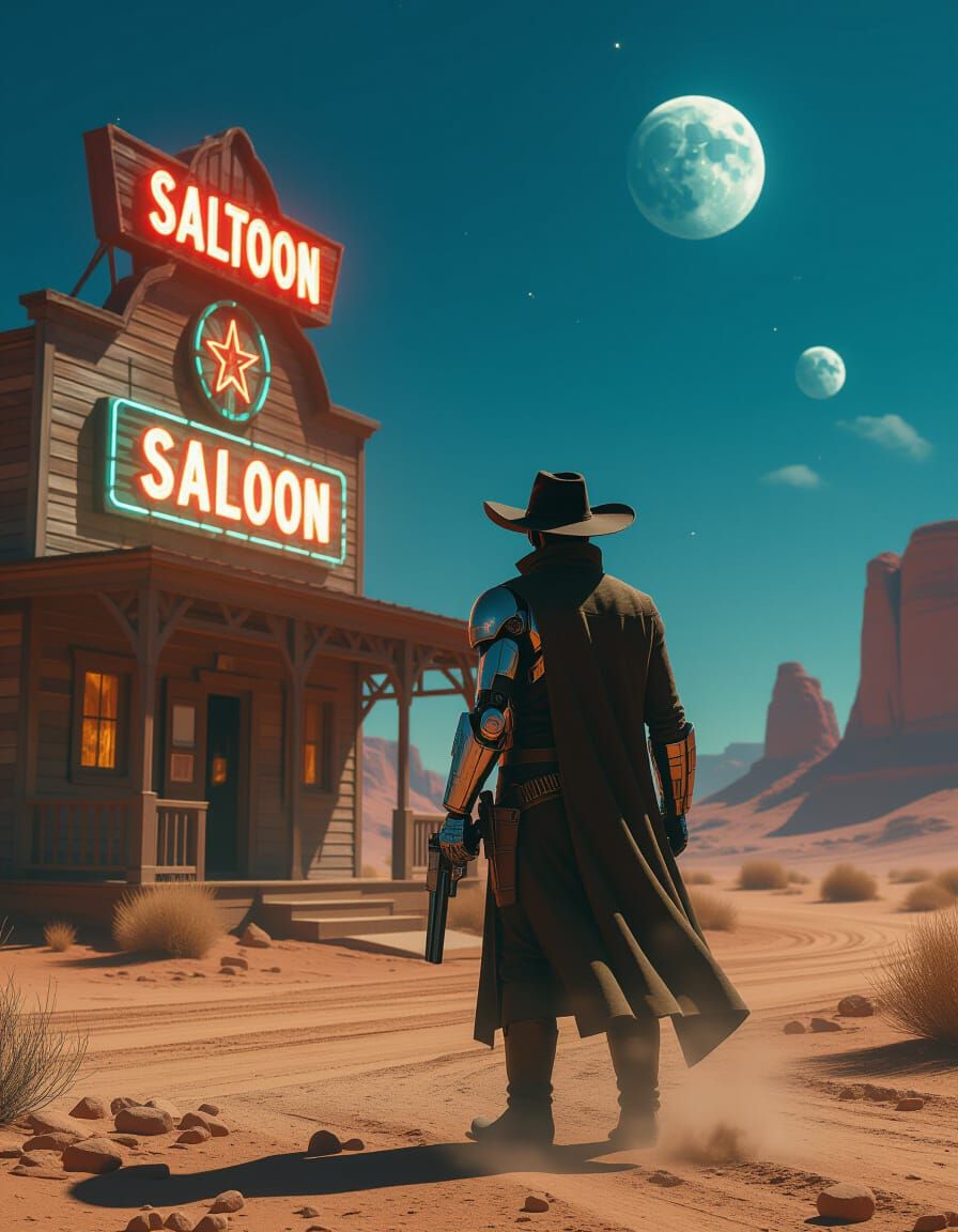 Futuristic Cowboy Confronts Neon Saloon on Alien Planet