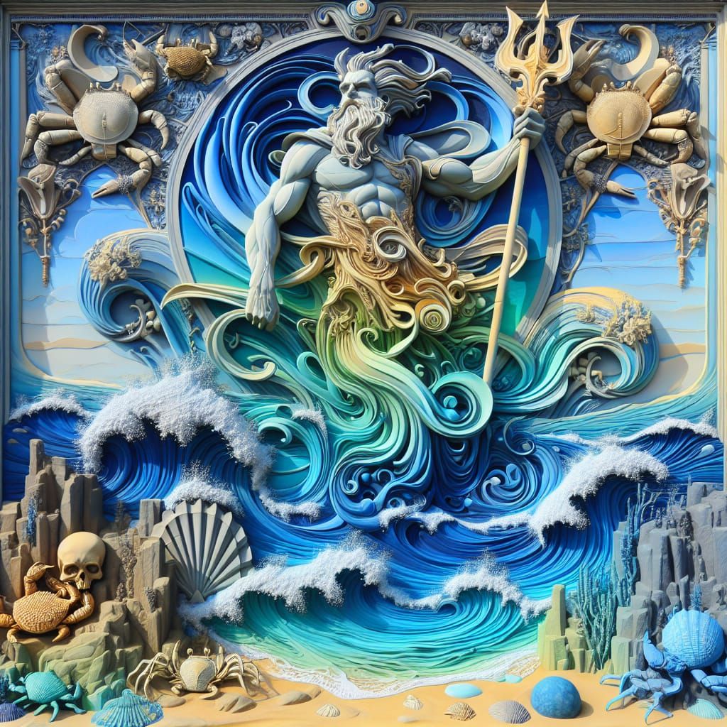 Surreal God of the Ocean in Art Nouveau Style