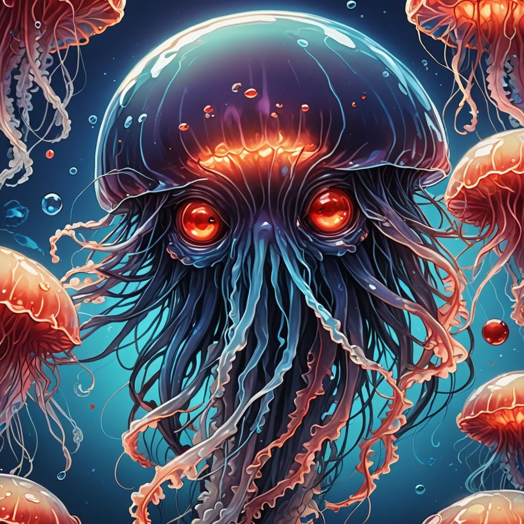 Cartoon Blue Jellyfish with Red Eyes in Anime Style