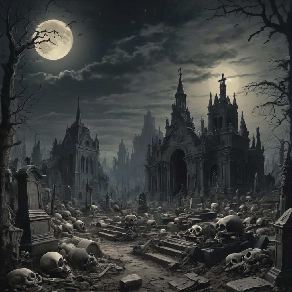 Eerie Bone Cathedral in Cemetery, Horror Art Style