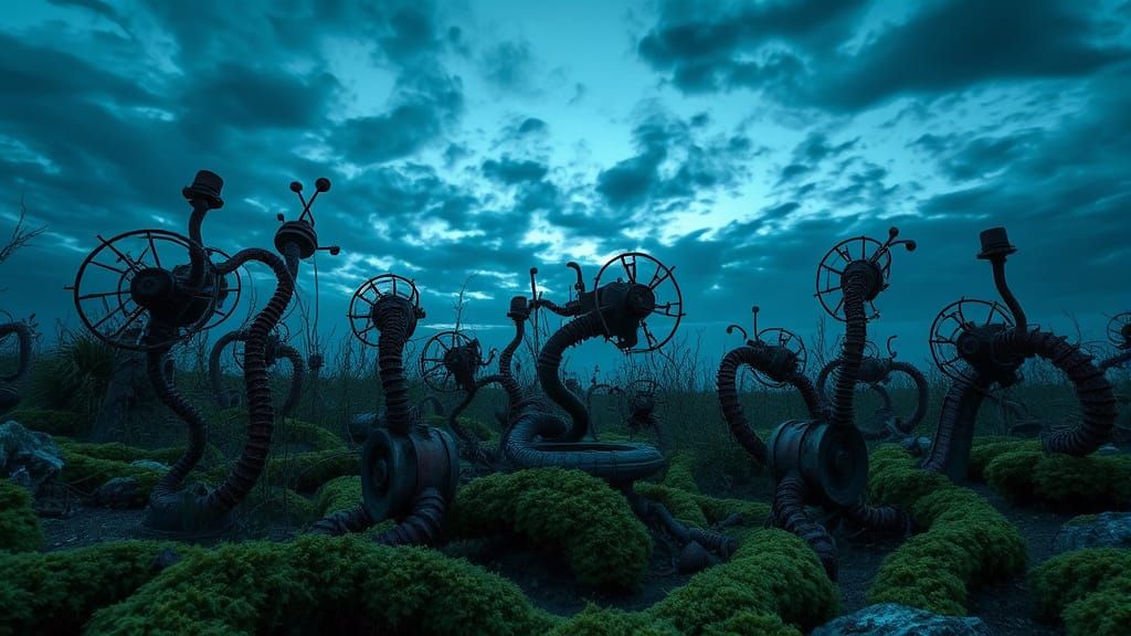 Surreal Biomechanical Garden at Twilight