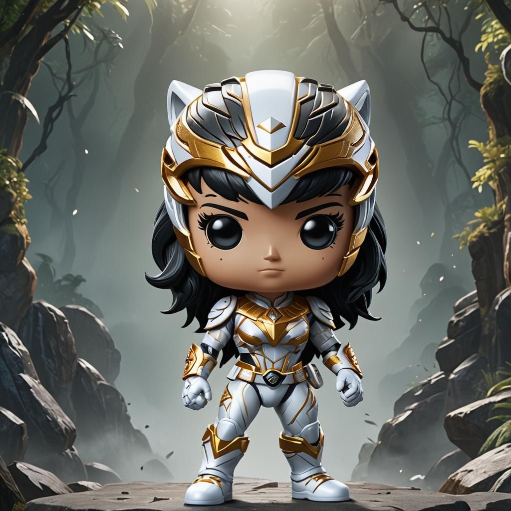 Deena  the white crystal power ranger funko pop with and black hair spirit of the tigar