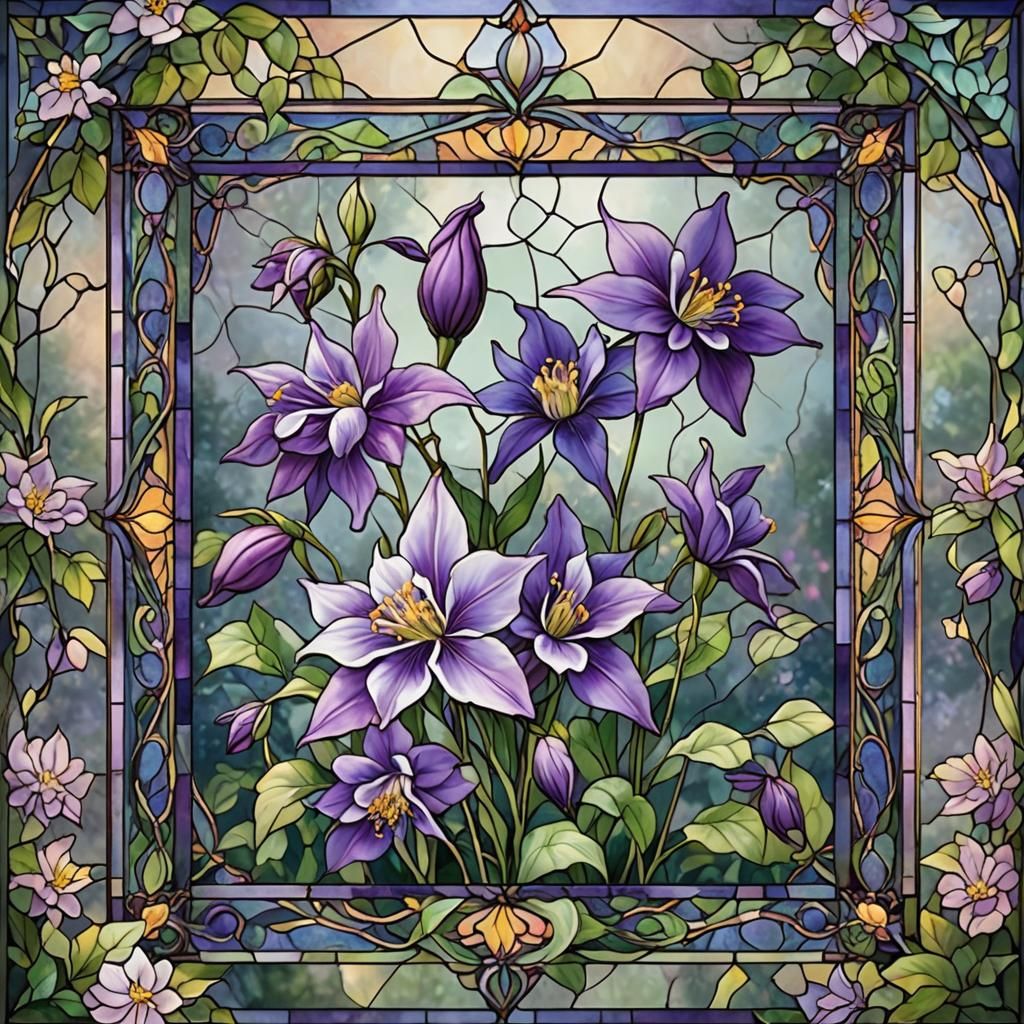 Ethereal Stained Glass Columbine Flower Art