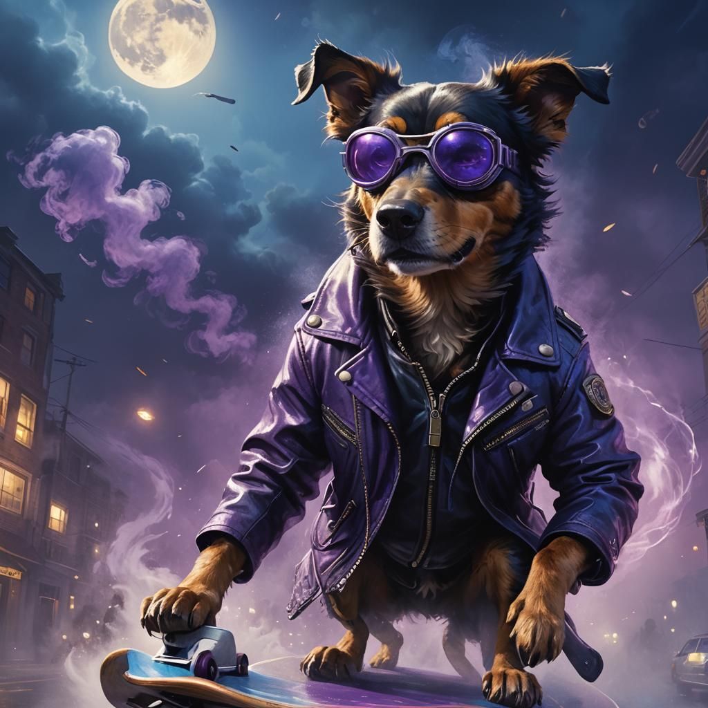 Skateboarding Dog Smoking in Dark Fantasy Style