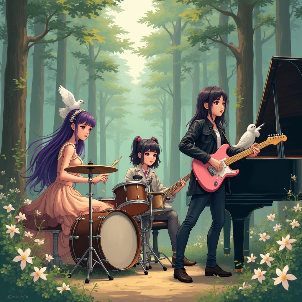 East Asian Trio Performs in Forest, Loish Style