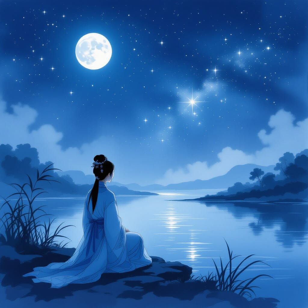 Chinese Lady Gazing at Stars by Riverside in Ink Painting St...