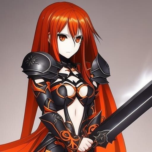 Anime Girl in Detailed Black and Orange Armor