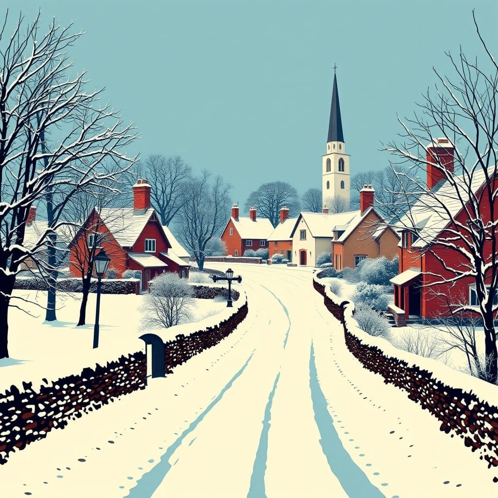 Vibrant Winter Village Scene in Pop Art Style