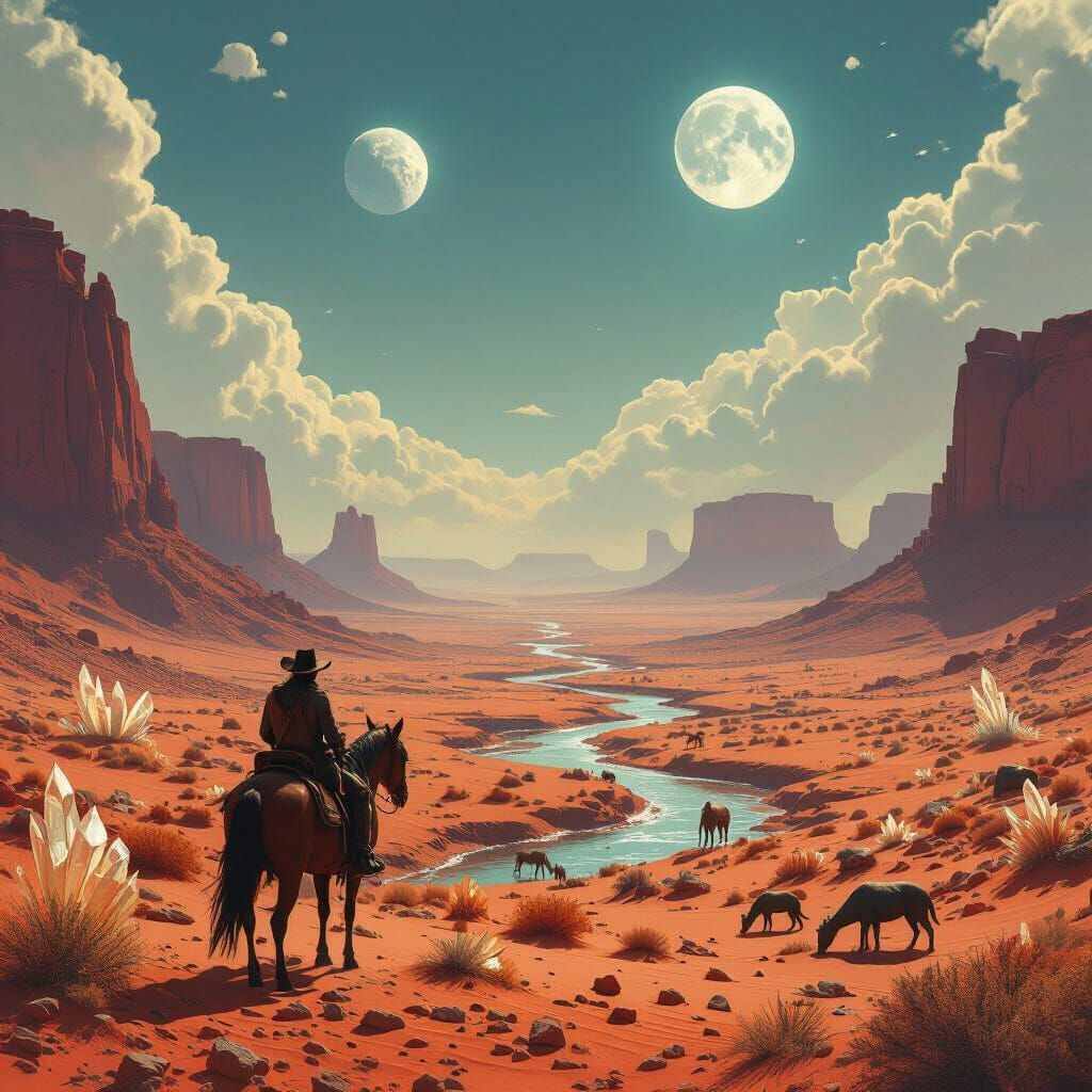 Lone Cowboy in Alien Desert Landscape Cinematic Matte Painti...