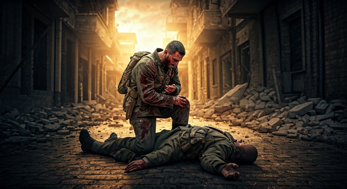 Distraught Soldier Mourns Loss on Battlefield