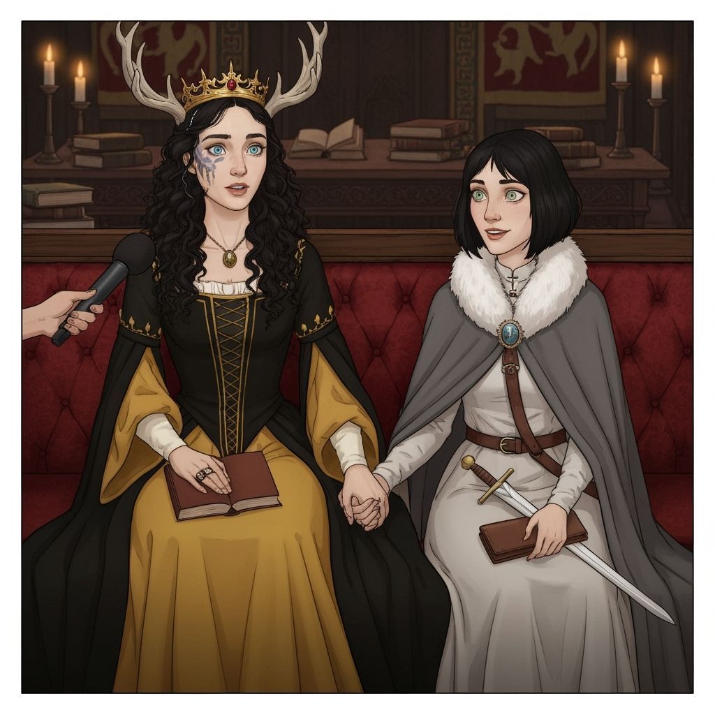 Two Queens in Medieval Chamber Being Interviewed
