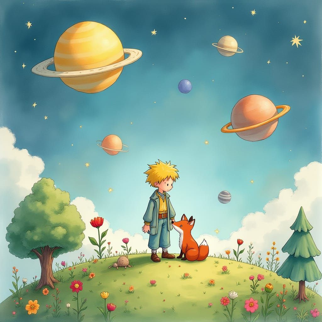 Little Prince on Lush Planet in Watercolor Style