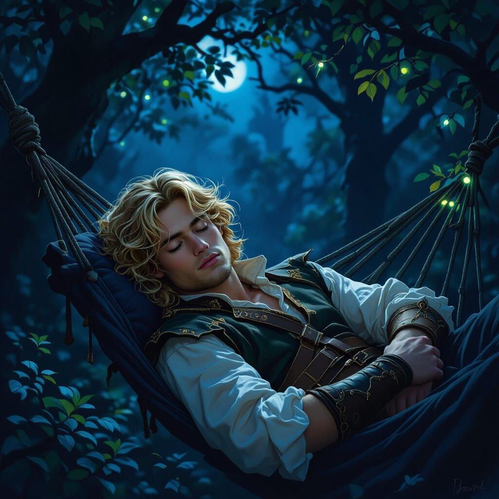 Man Sleeps in Hammock in Moonlit Fantasy Forest