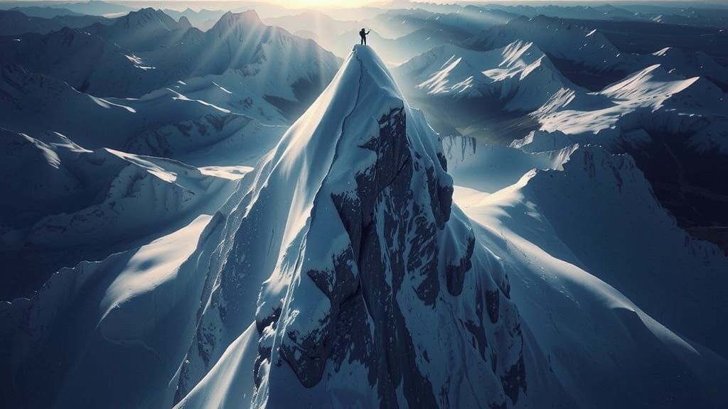 Mountain Climber Reaches Snowy Summit: Digital Art