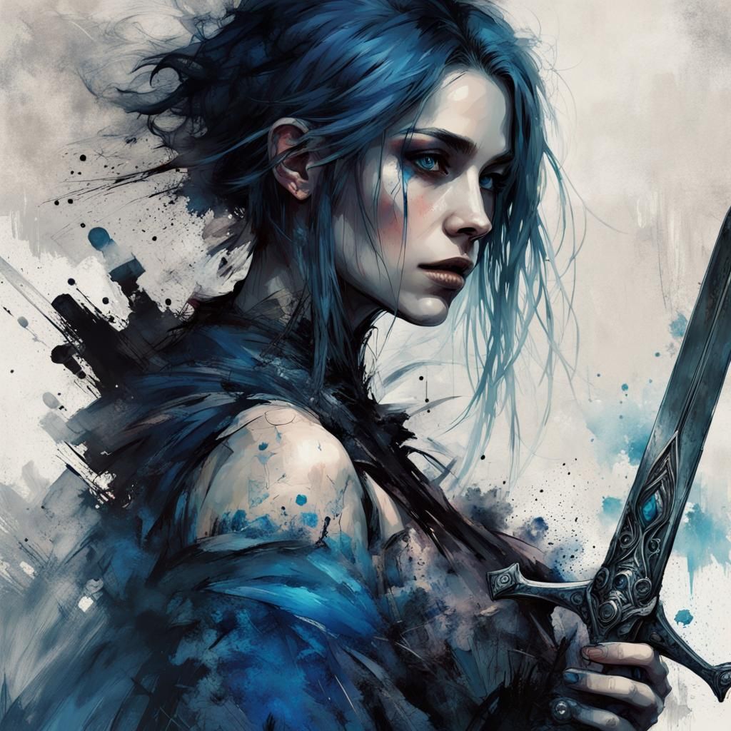 Gothic Dark Fantasy Woman with Sword, Gouache Art