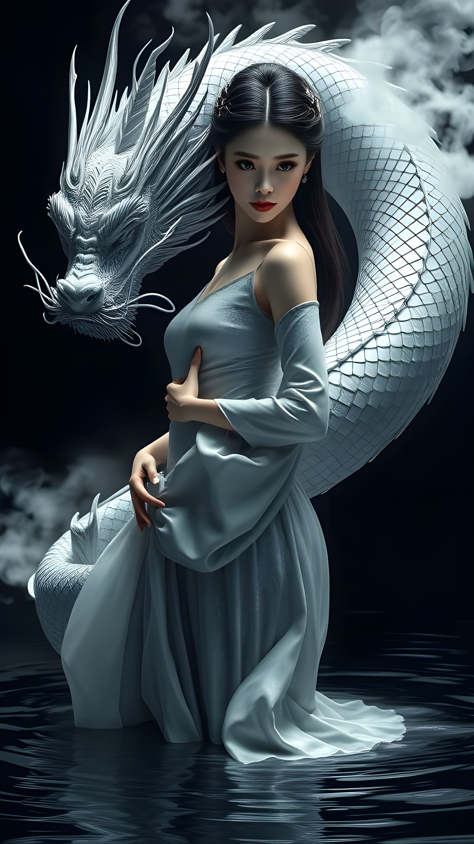 Surreal Fantasy Woman Dances on Water with Dragon
