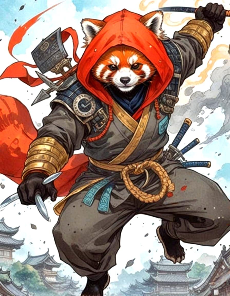 Red Panda Ninja in Japan Inspired Manga Art