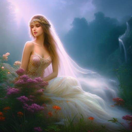 Serene Beauty in Floral Meadow, Digital Art