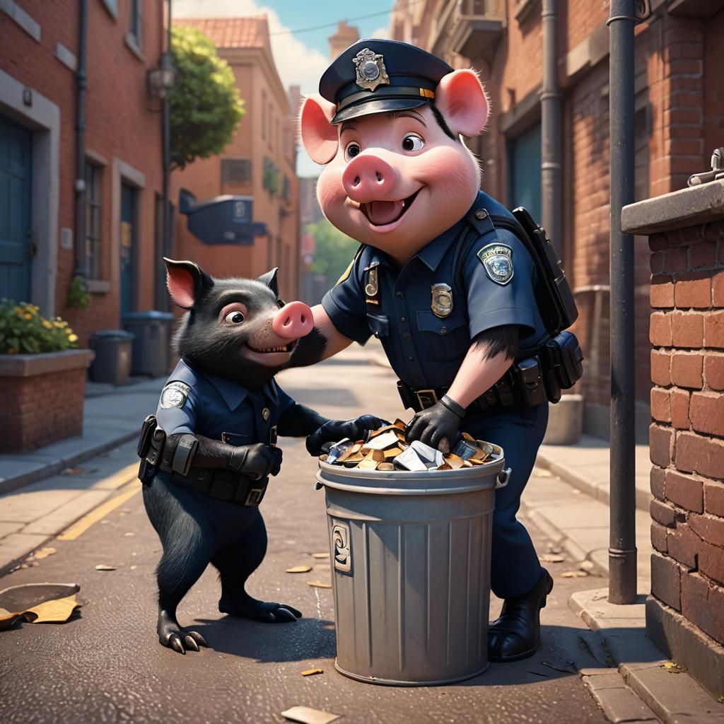 Policeman Pig Arresting Skunk: Pixar-Style 3D Art