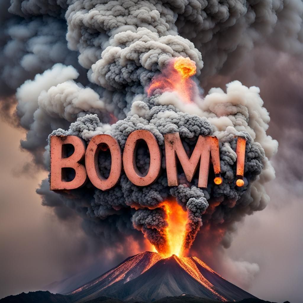 The word \Boom!\ spelled out in the smoke from an erupting v...