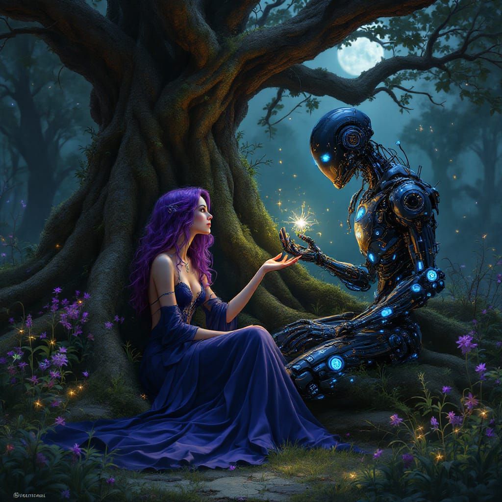 Mythpunk Witch and Robot Under Moonlit Oak