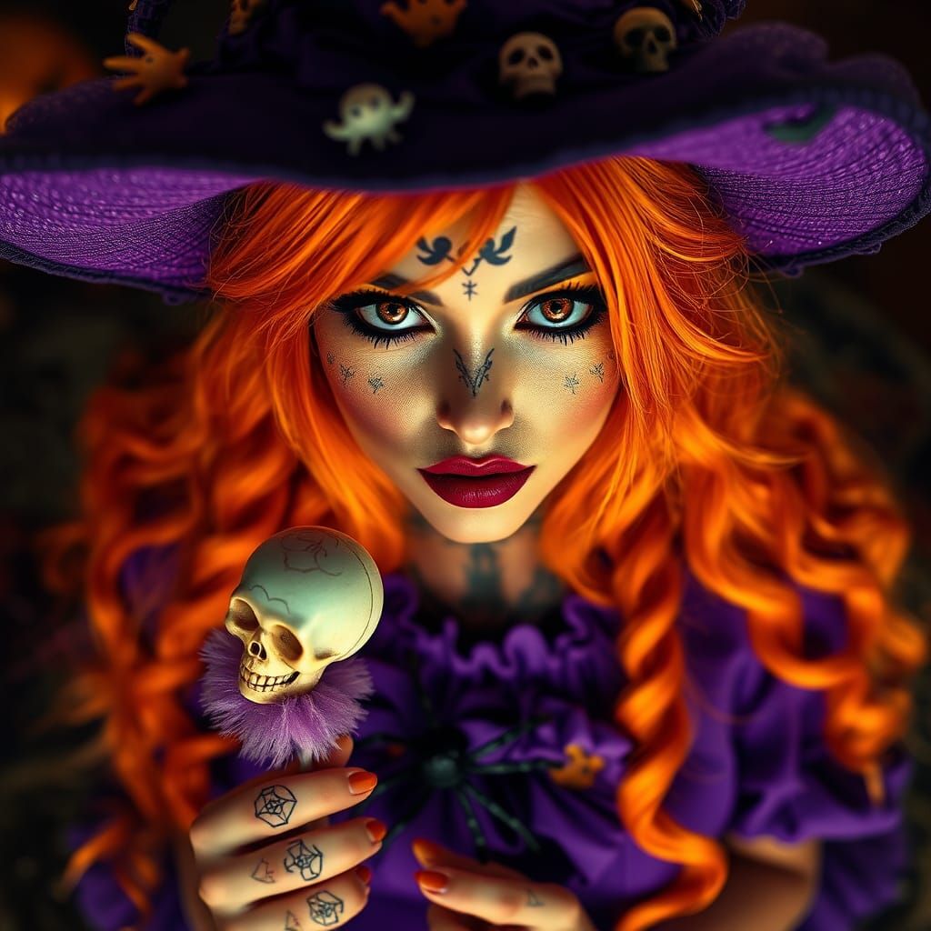 Halloween Witch with Skull Lollipop, Hyperrealistic Art