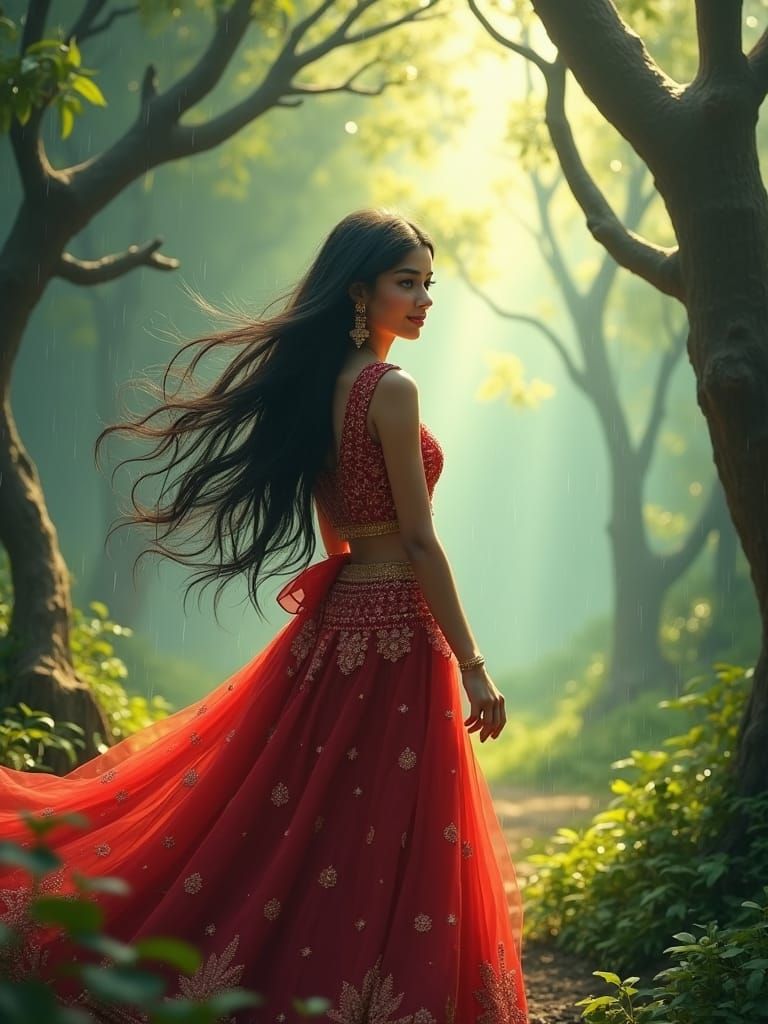Indian Girl in Forest, Anime Art Style