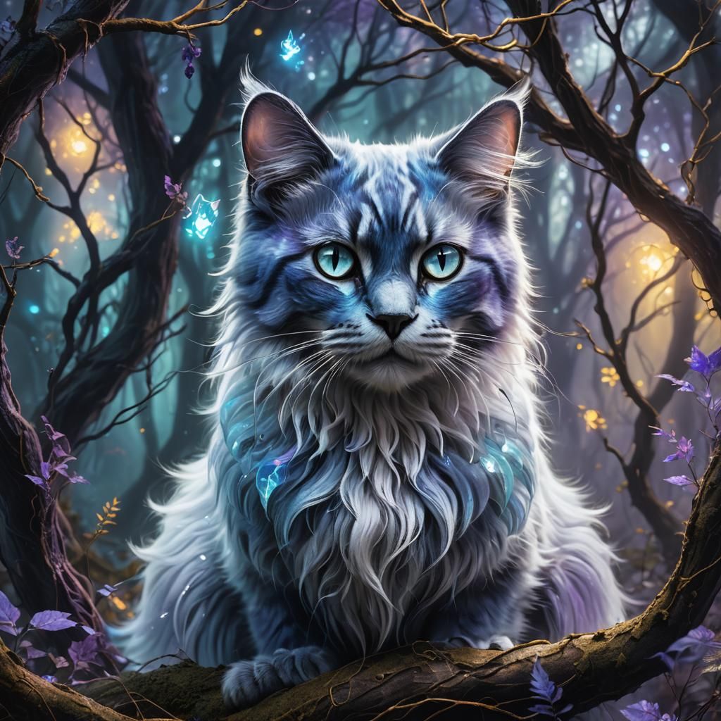 Ethereal Blue Cat Spirit in Mystical Forest