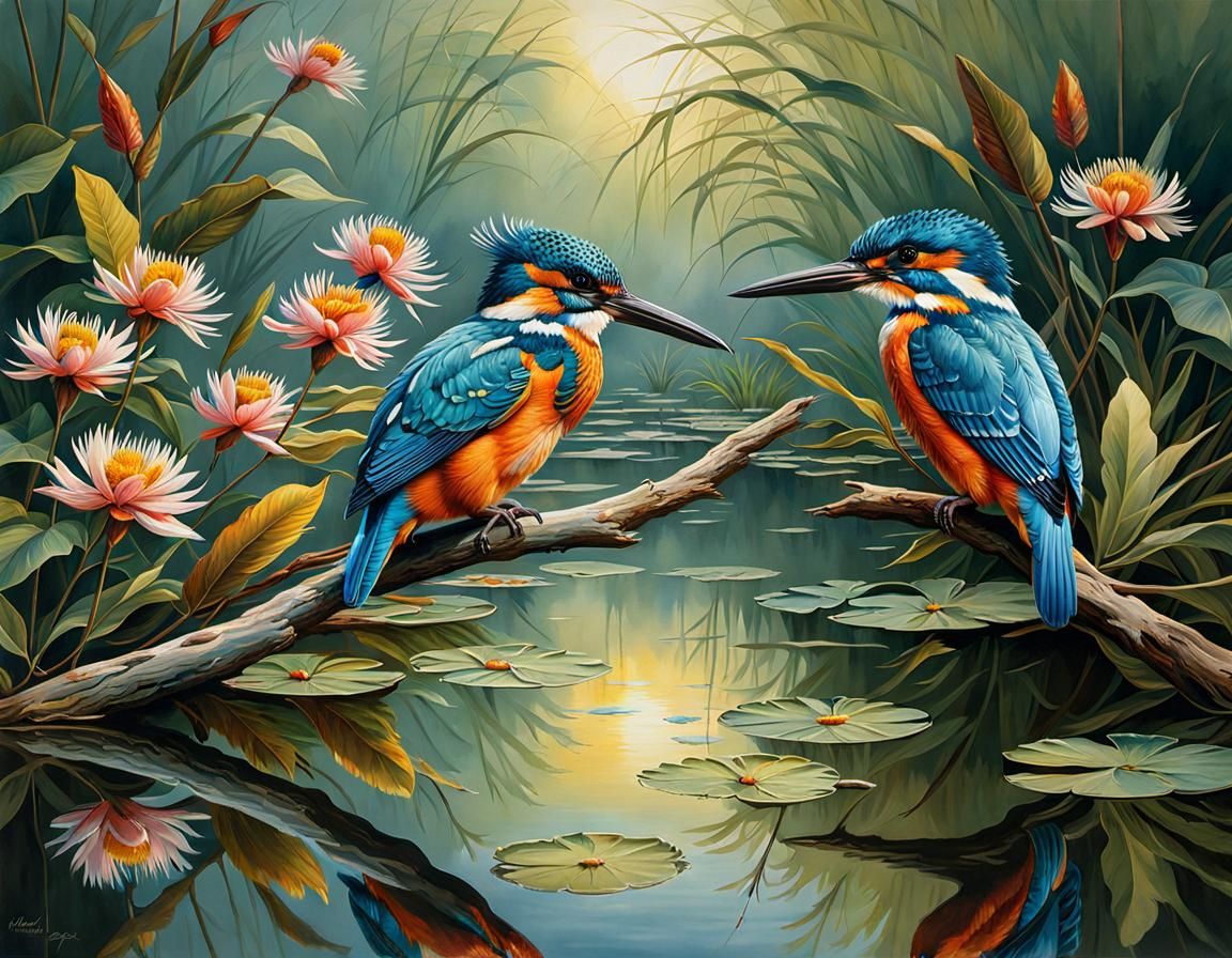 Kingfishers on a Branch in Watercolor Style