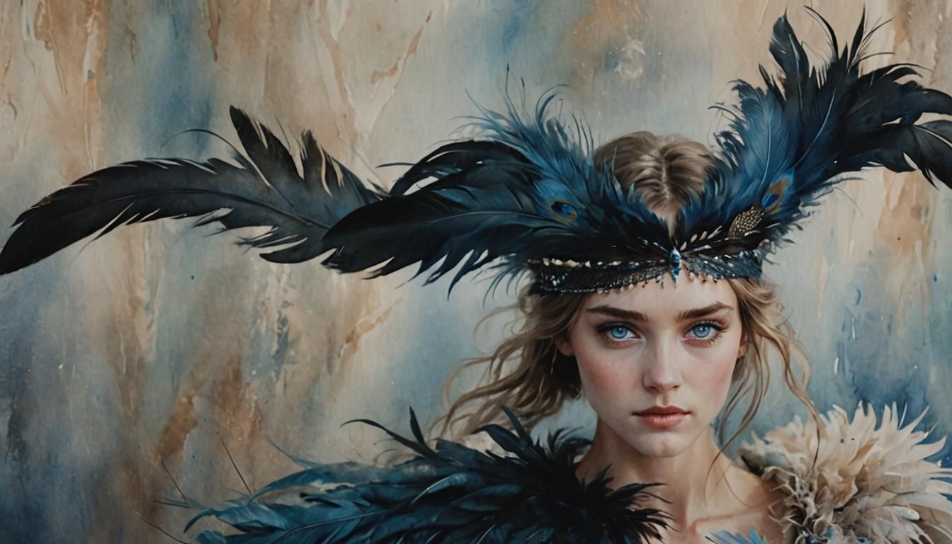 Watercolor Portrait of a Woman with Feathers