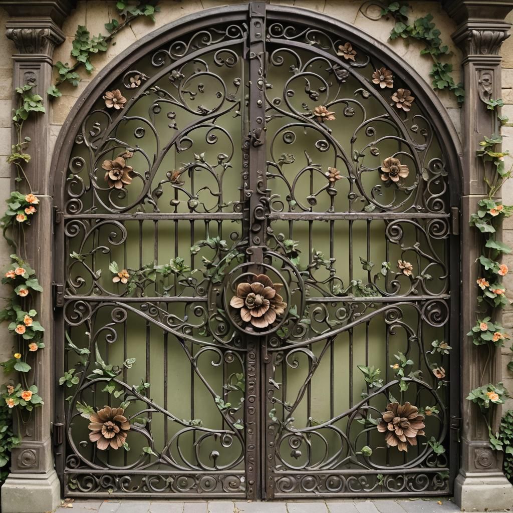 An ornate bronze garden gate festooned with flowers. romanes...