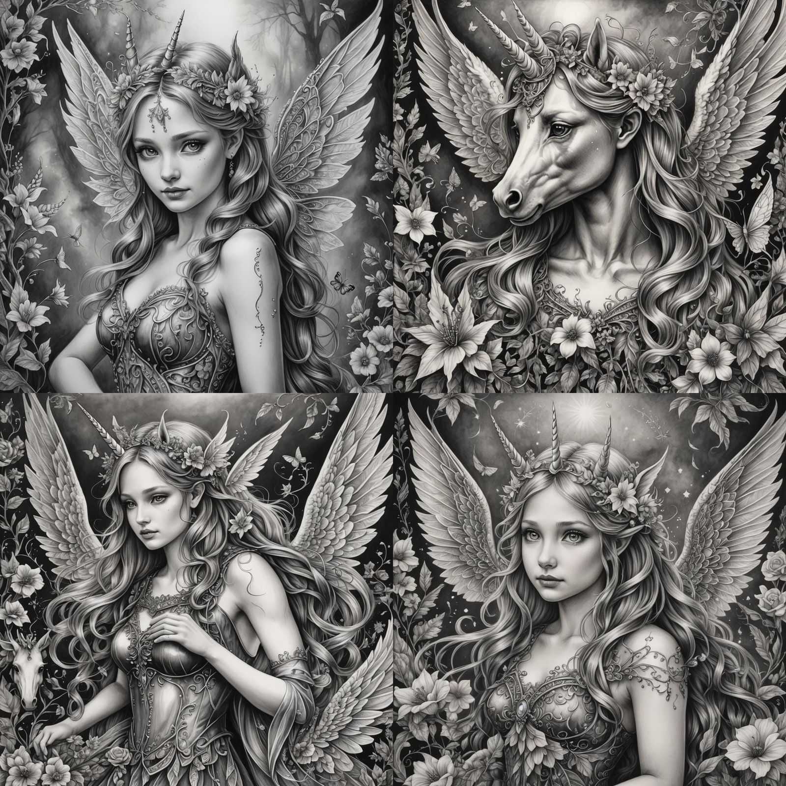 Hyperdetailed Charcoal Drawing of Unicorn Winged Fairy