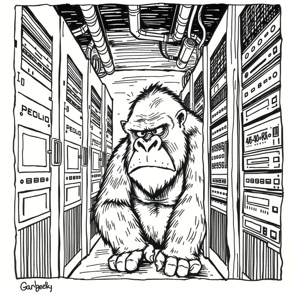 Gorilla in Server Room, Handdrawn Ink Cartoon Sketch