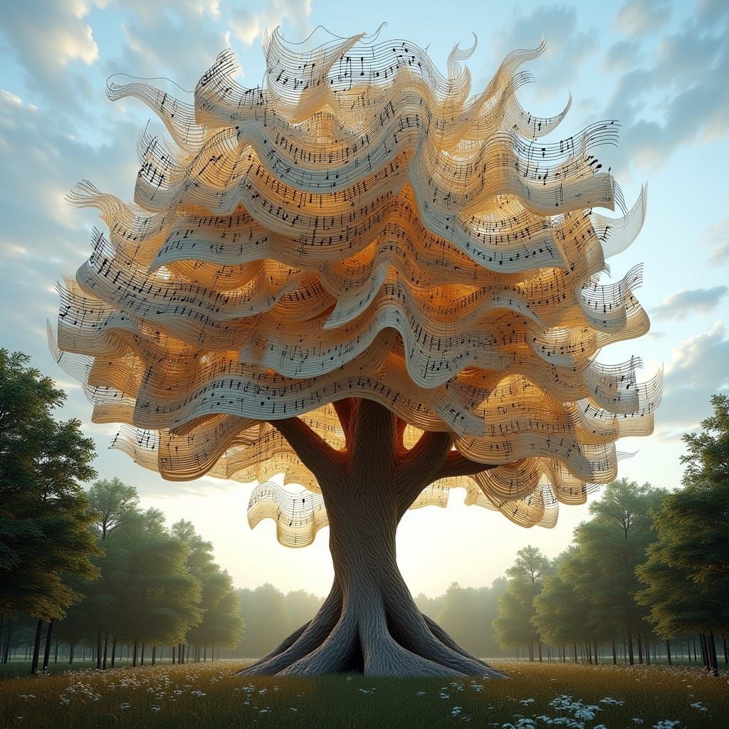Majestic Musical Tree Sculpture in 3D Lighting