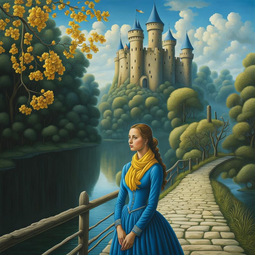 Riverside Woman in Blue Dress: A Surreal Scene