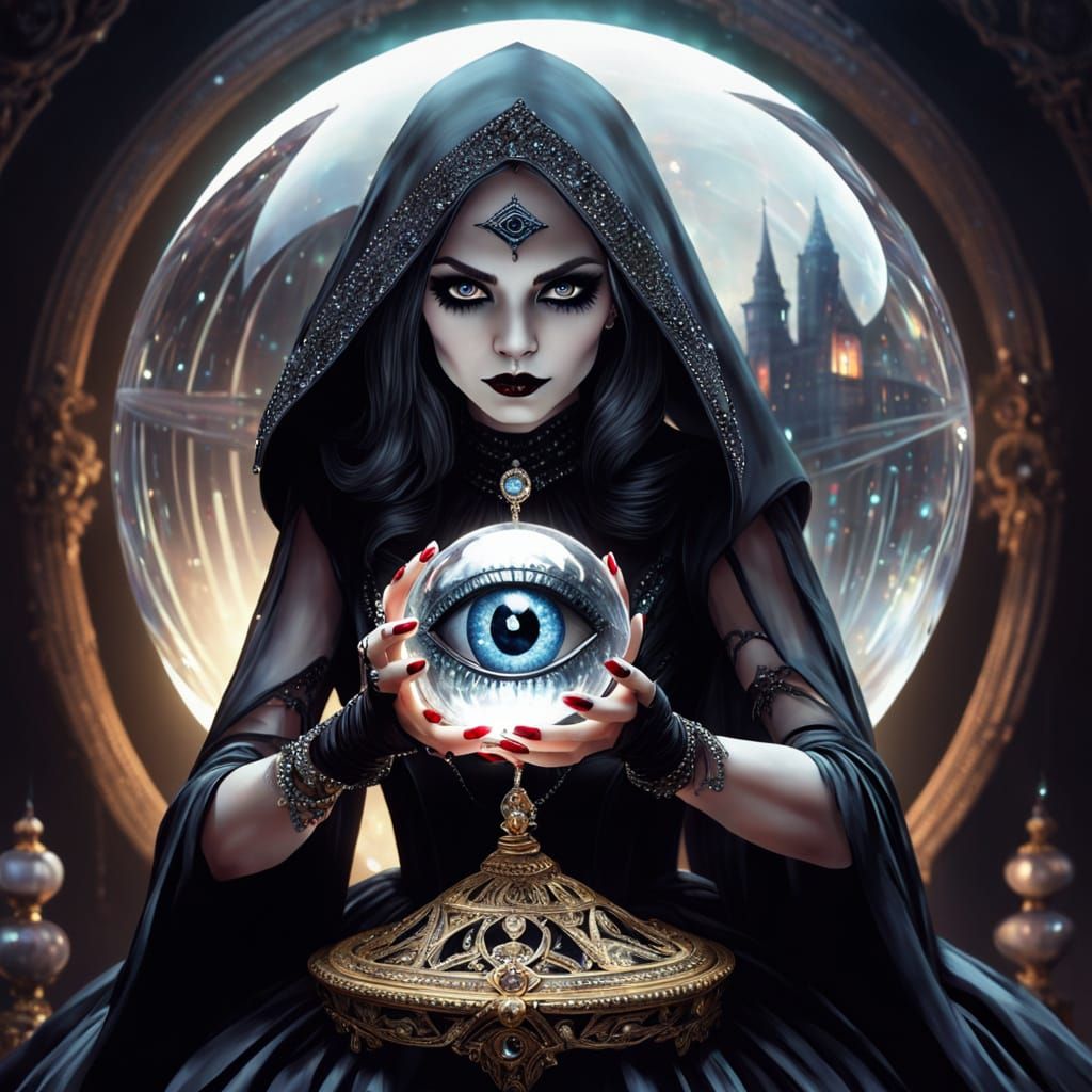 Goth Vampire Woman Holds Crystal Ball with All-Seeing Eye