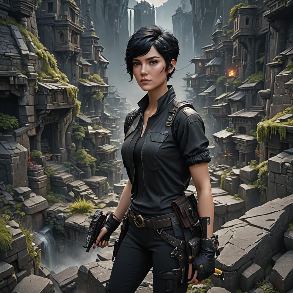 Fit Tomboy with Grey Eyes: Detailed Matte Painting