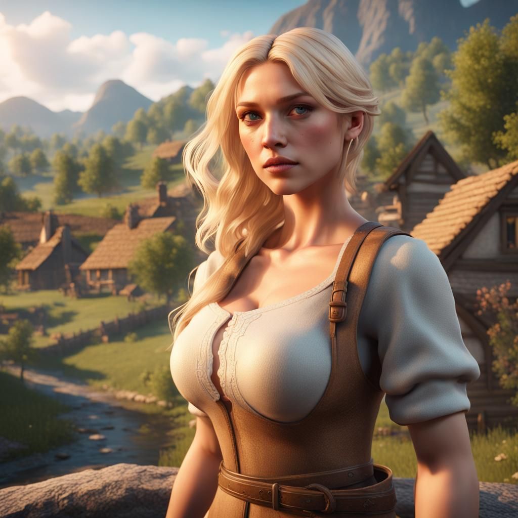 Blonde Woman in Picturesque Village: 3D Game Cinematic