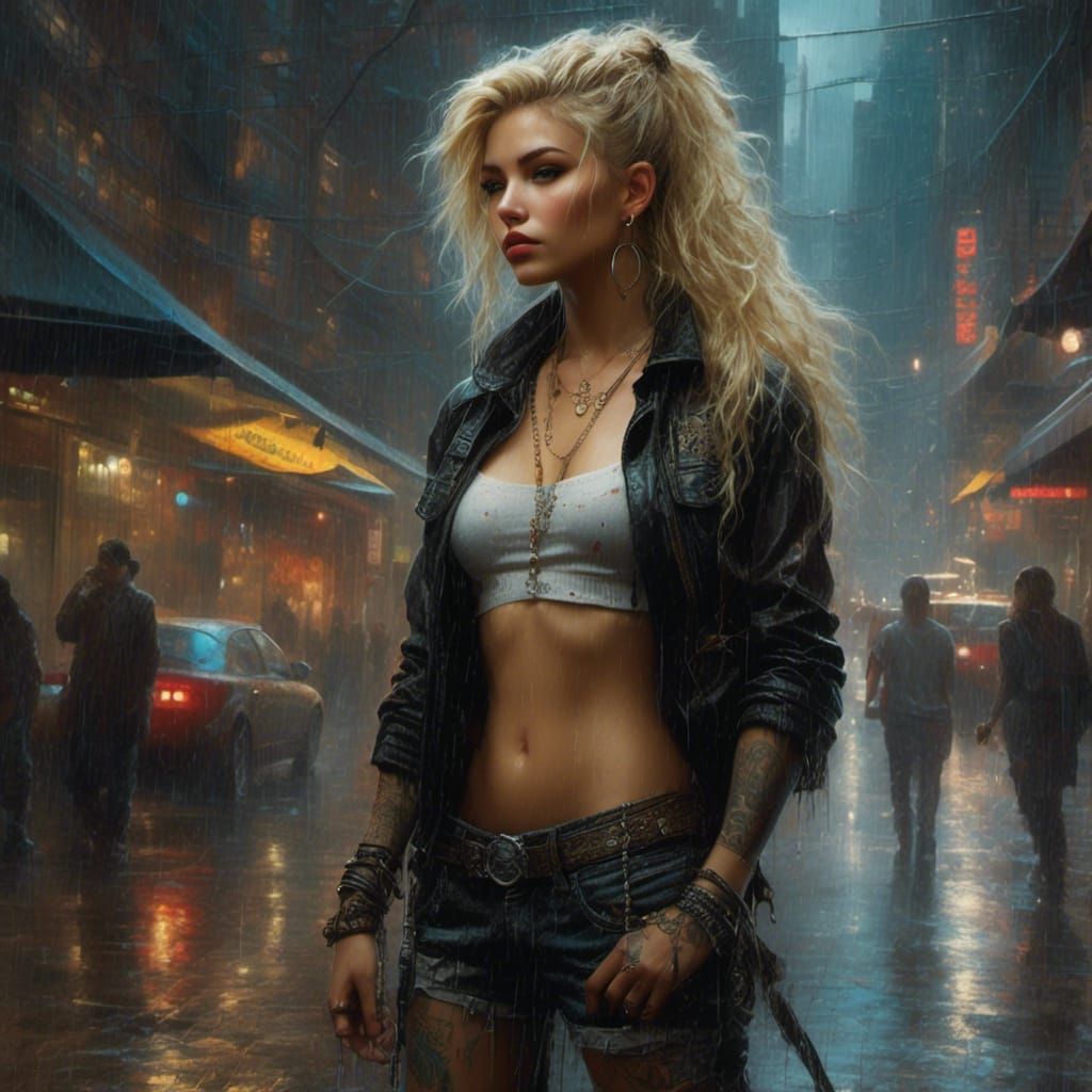 Cyberpunk Tomboy with Elvish Ears in Rain