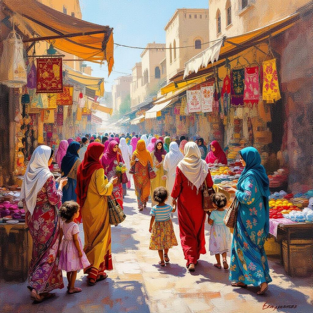 Lively Arab Women's Market Scene in Figurative Style