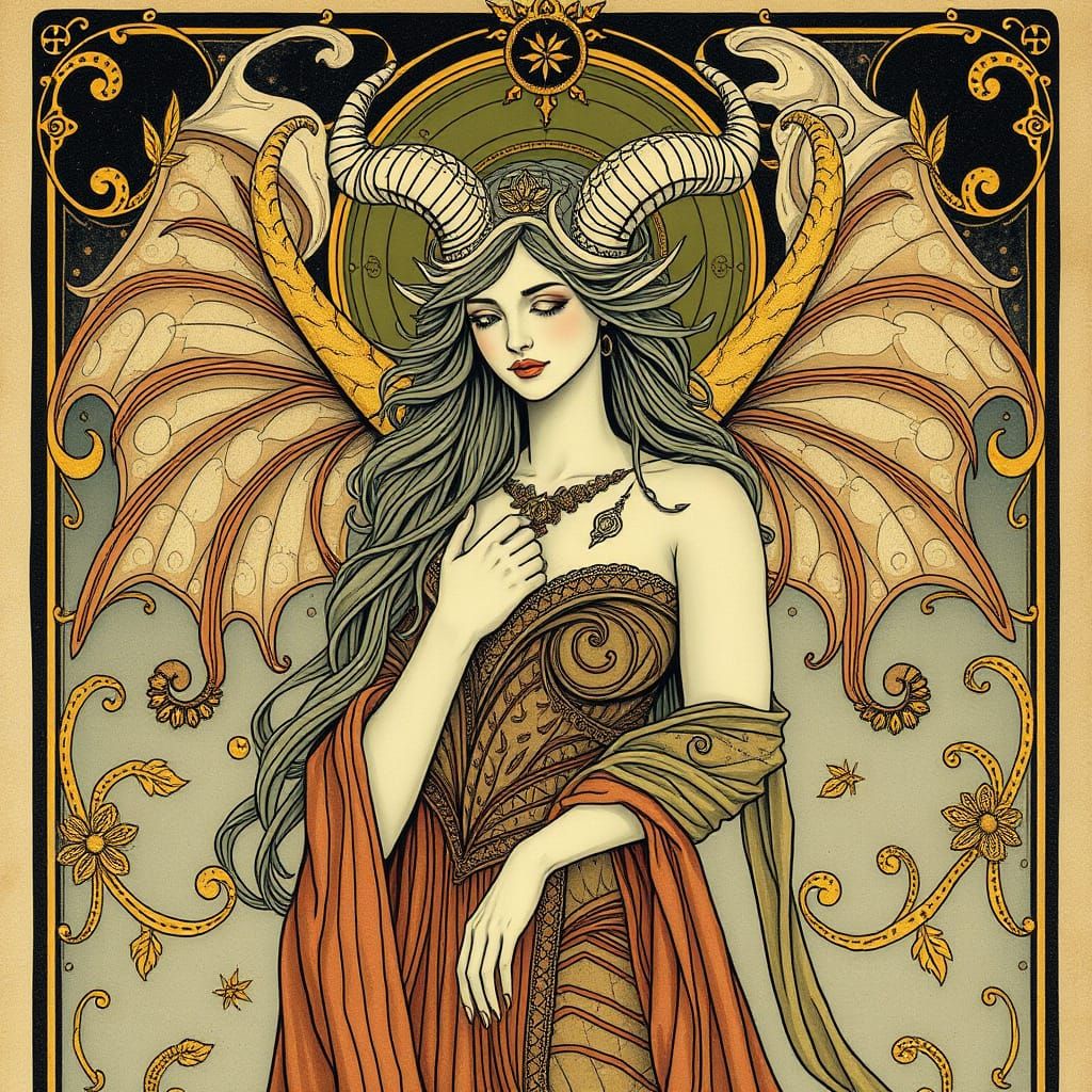 Mystical Art Nouveau Goddess with Horns and Botanical Motifs