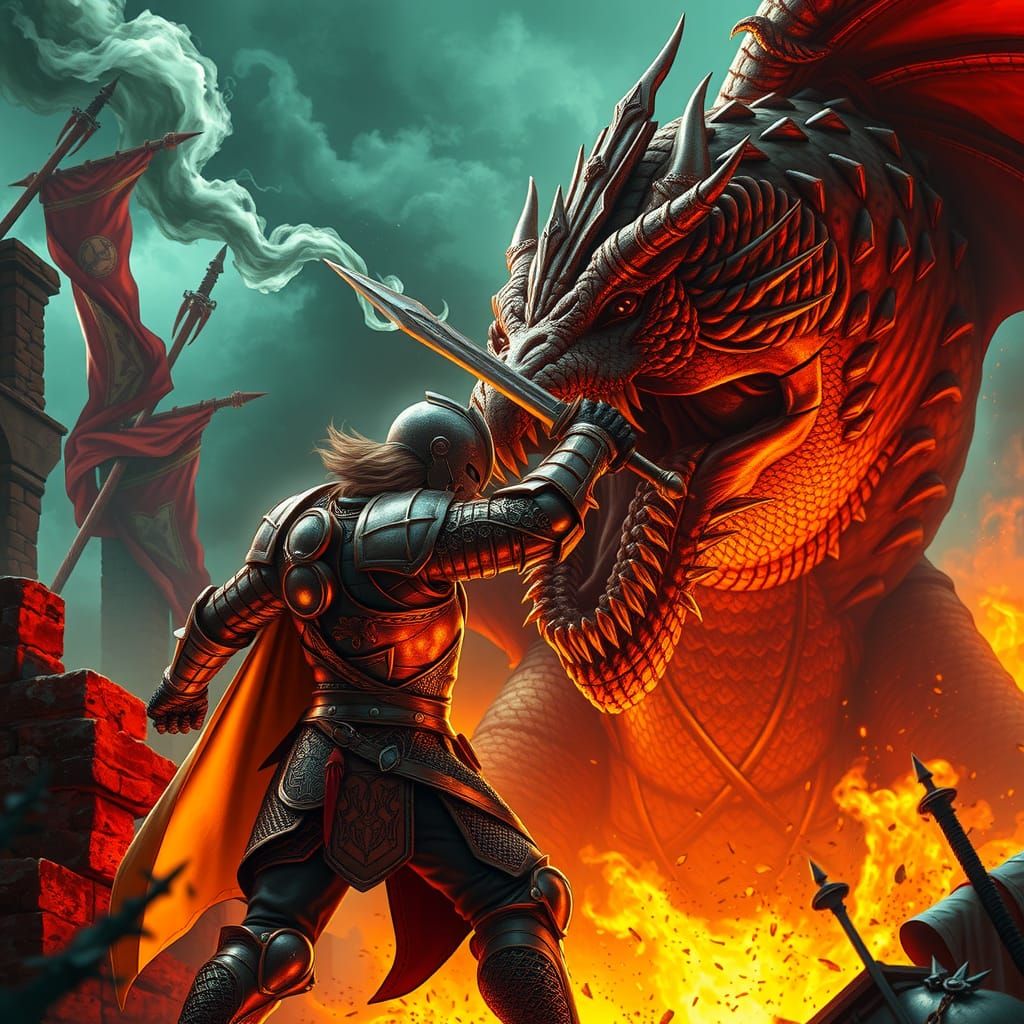 Knight in armour fights vicious Dragon