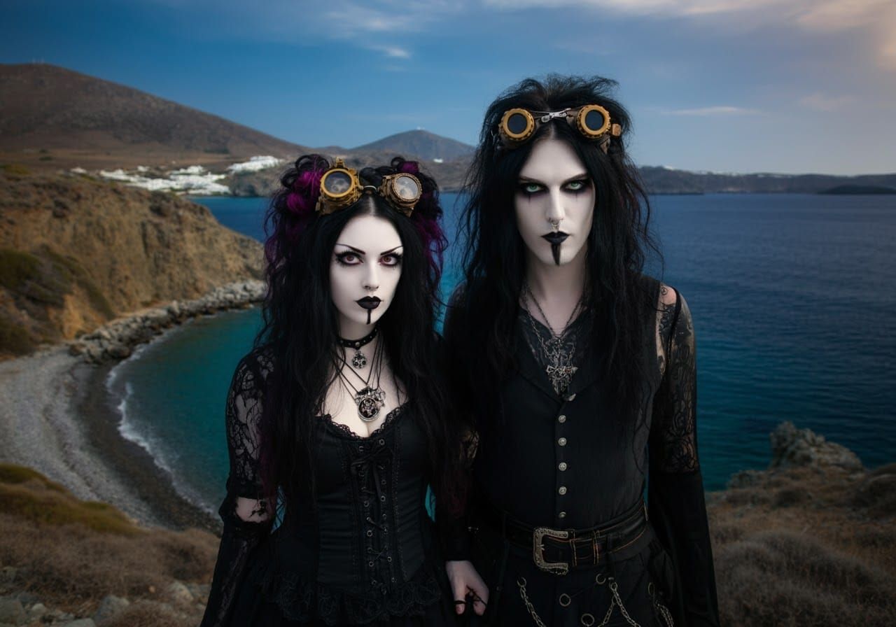 Steampunk Goth Couple on Aegean Coast: Glitchcore Art
